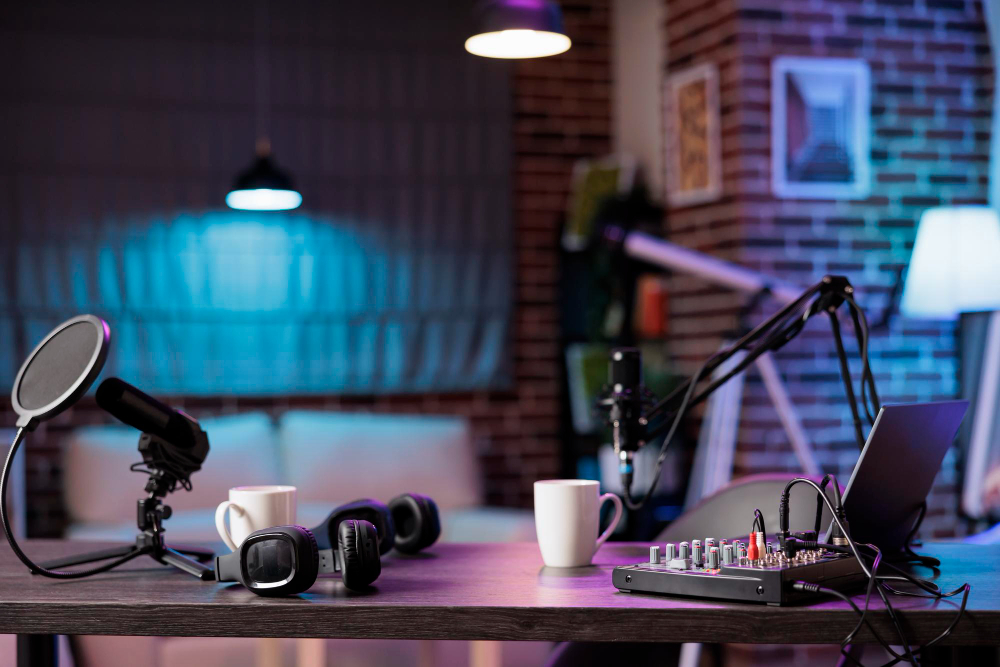 Empty home studio with podcasting equipment